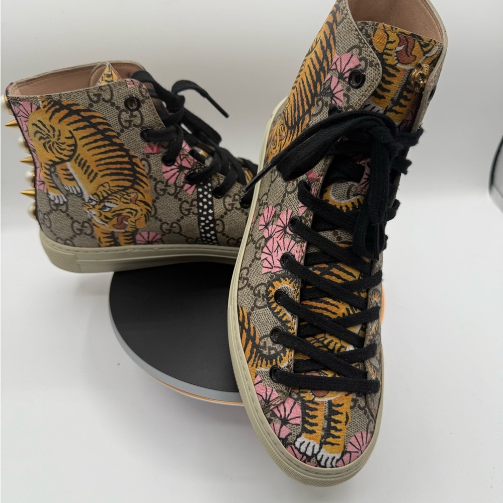 Gucci GG Canvas bengal Tiger w/Pearl and gold studs Embellished HiTop Sneakers